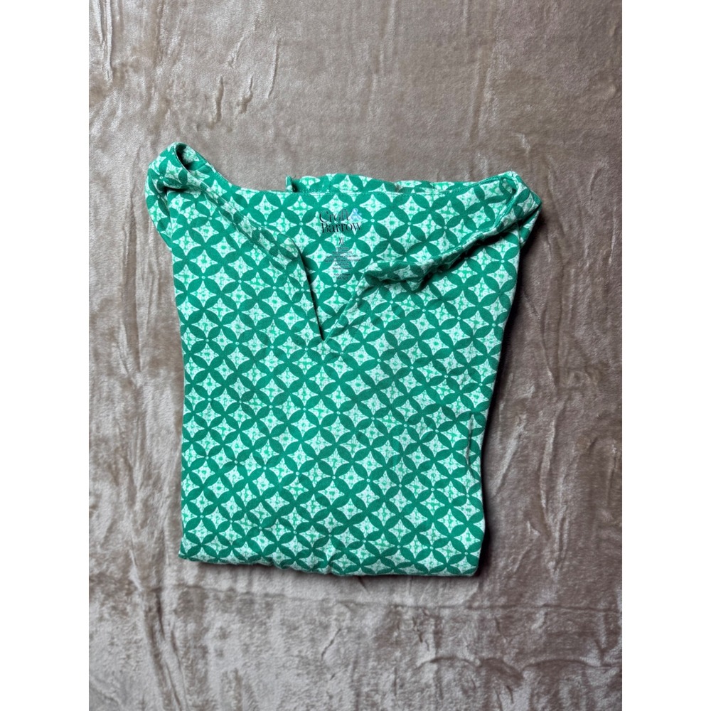 Croft & Barrow Womens XL Green White Geometric Split V-Neck Cotton Tee Basics